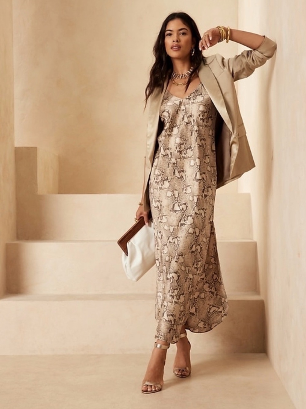 Banana Republic Snake-Print Slip Dress in Brown and Cream